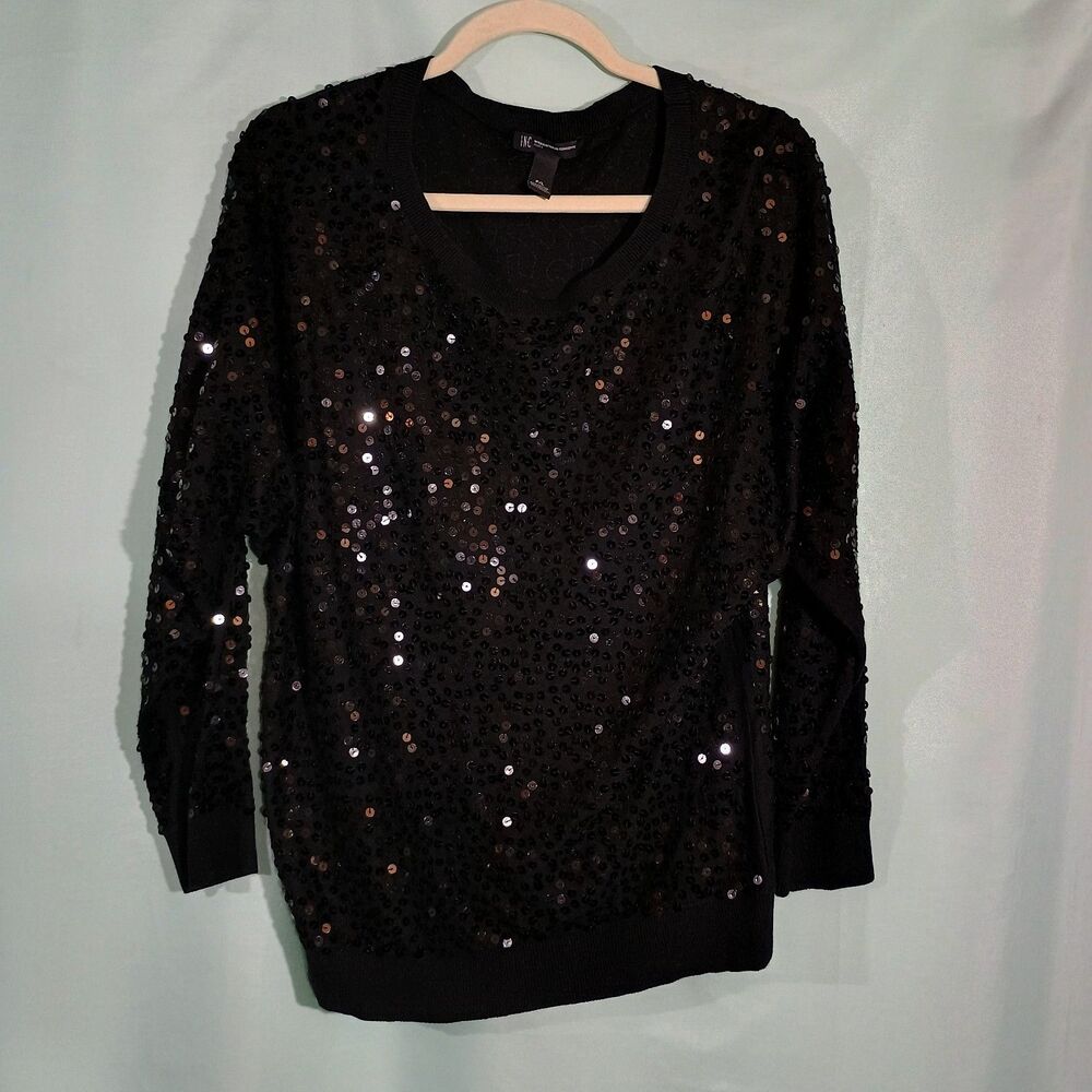 Women’s Black Sequin Sweater – Long Sleeve Sparkle Top Party Holiday Pullover
